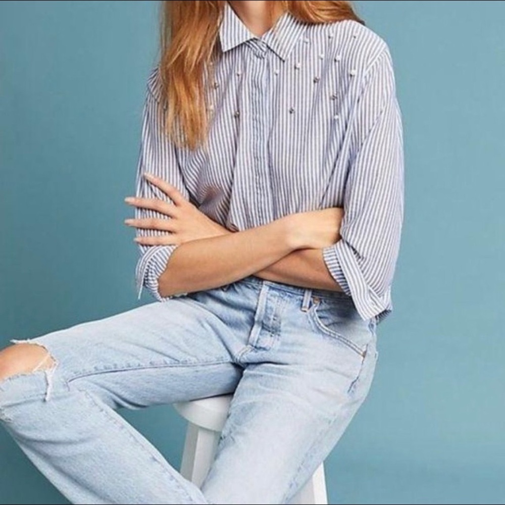 Rails Taylor Button-Up (Banker Stripe w/Pearls) - Size S